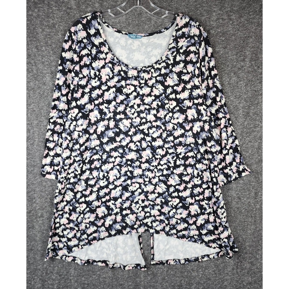 Fleur Bleue Tunic Top Women 2X Black Pink Floral Split Back 3/4 Sleeve MSX6043